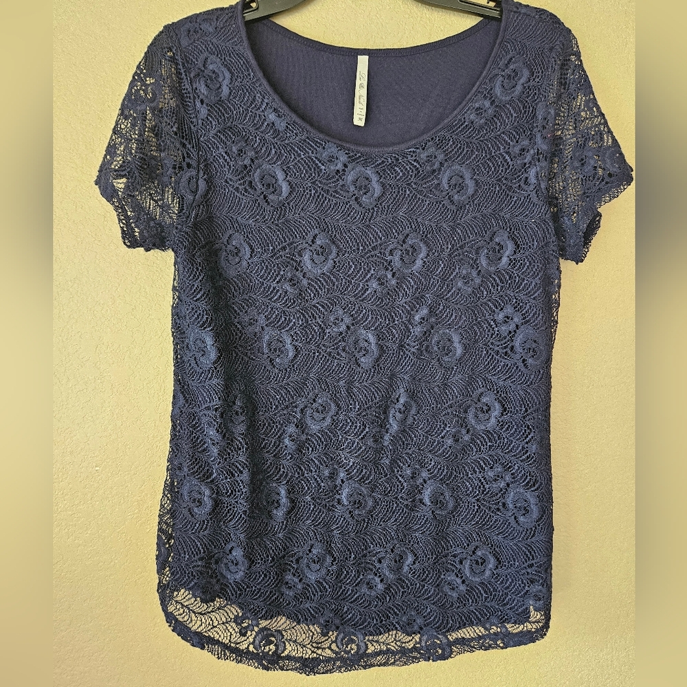M Leo & Nicole Navy Lace Overlay Top‎